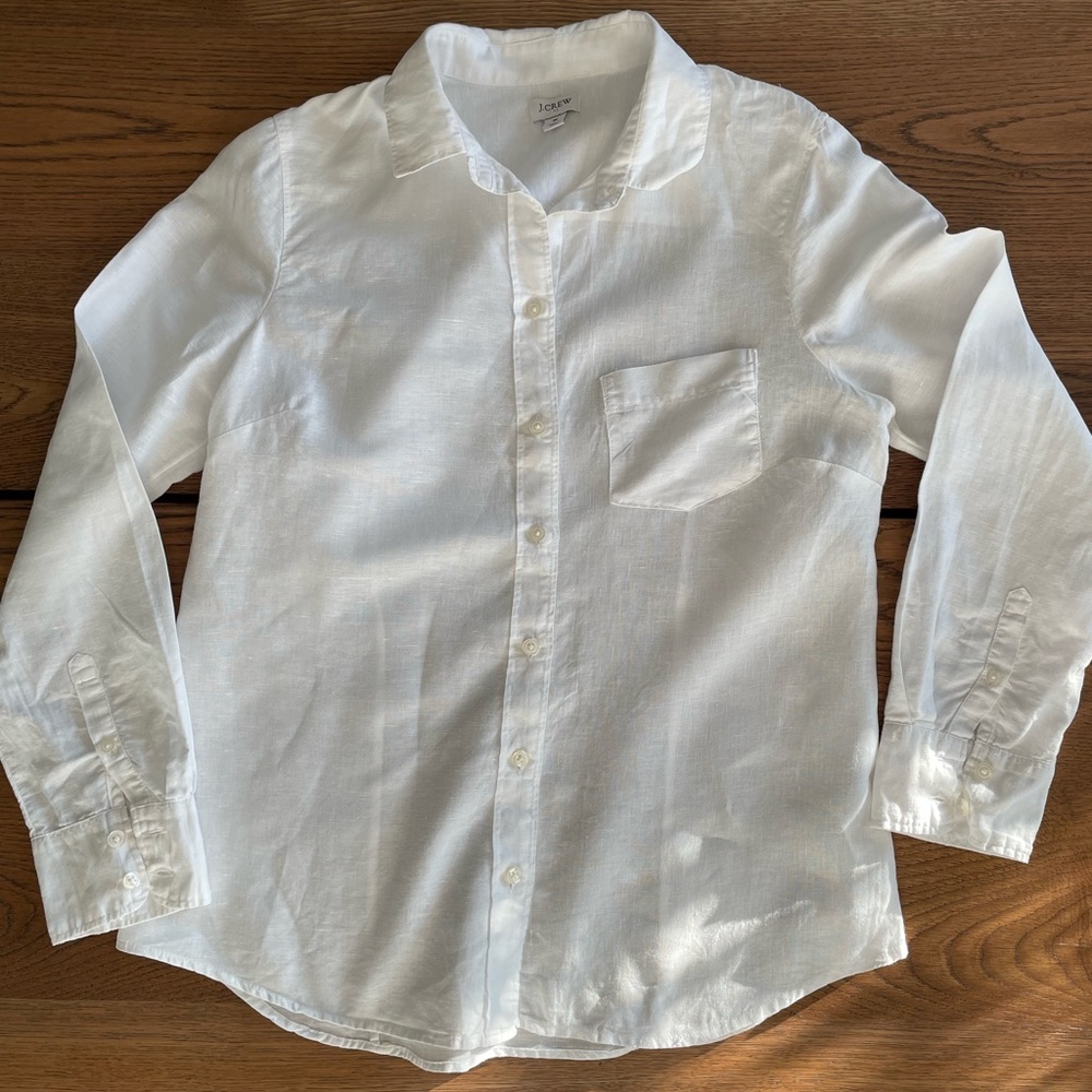 J Crew Factory White Linen Cotton Button Front Long Sleeve Shirt